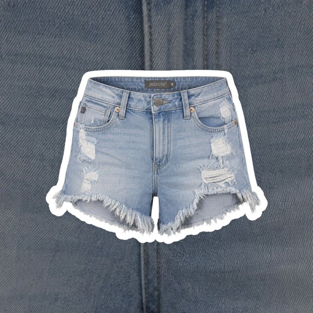 Just USA Distressed Denim Shorts Size M Light Wash Frayed Hem JH212 Cotton Blend